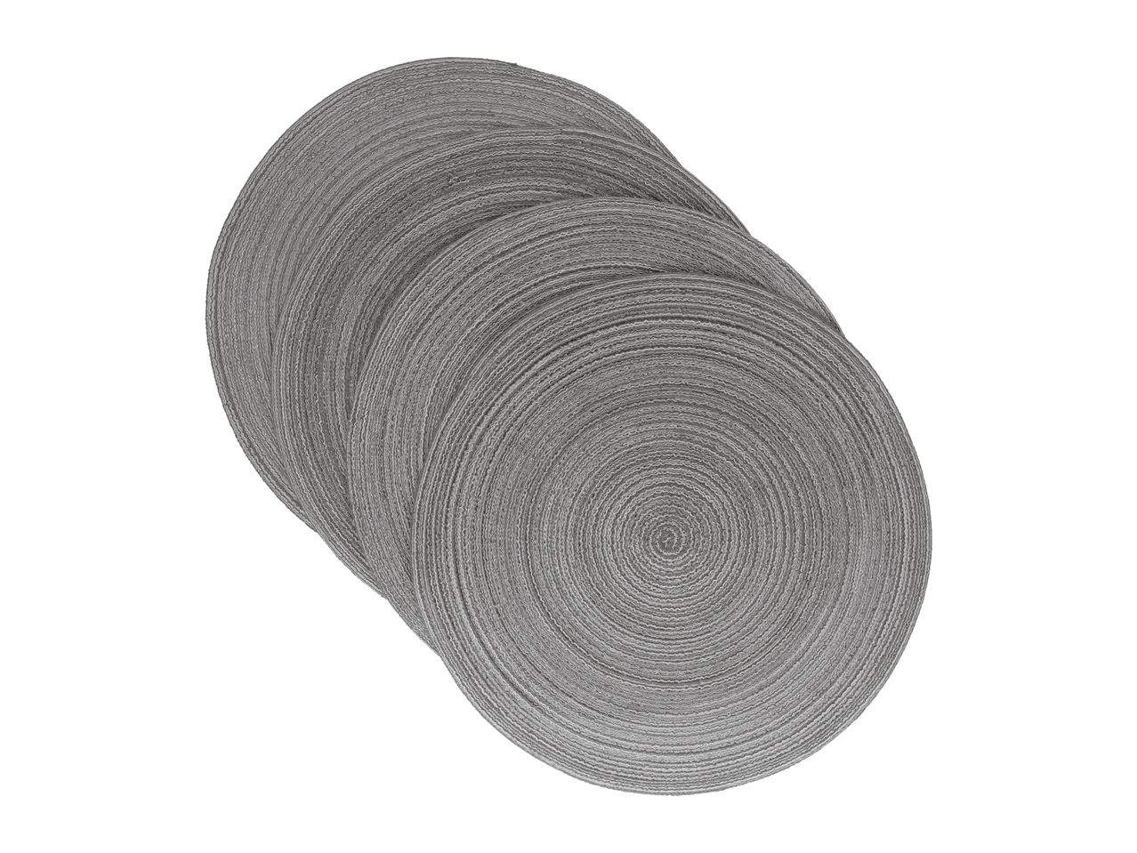 A stack of five round, grey woven placemats.