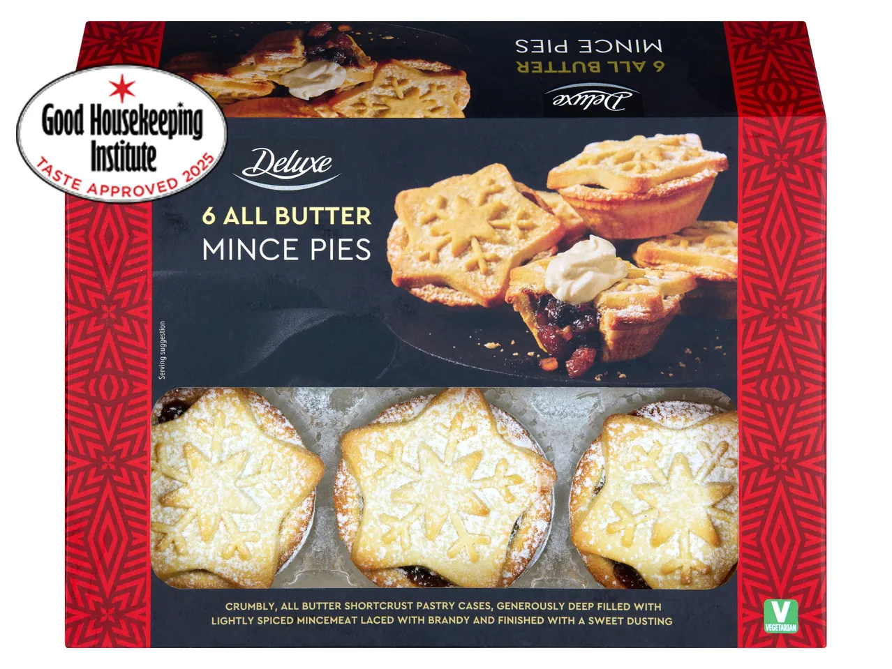 Deluxe 6 All Butter Mince Pies with a Good Housekeeping Institute Taste Approved 2025 badge.