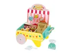 Wooden toy candy shop cart with lollipops, popcorn, candy bags, scoop, and scale.