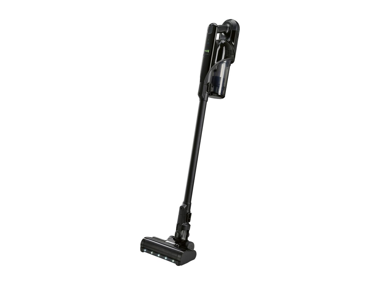 A black cordless stick vacuum cleaner stands upright against a white background.