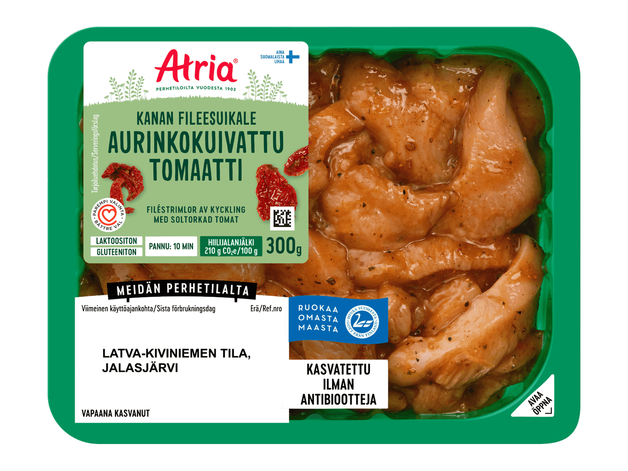 Maustettuja kanasuikaleita aurinkokuivatuilla tomaateilla, pakattu vihreään rasiaan.