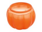 Orange pumpkin-shaped candle in a glass jar.