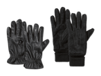 Zwei Paar schwarze Handschuhe, eines aus Leder und eines aus Wildleder.