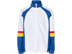 Casaco corta-vento branco e azul com listras coloridas.
