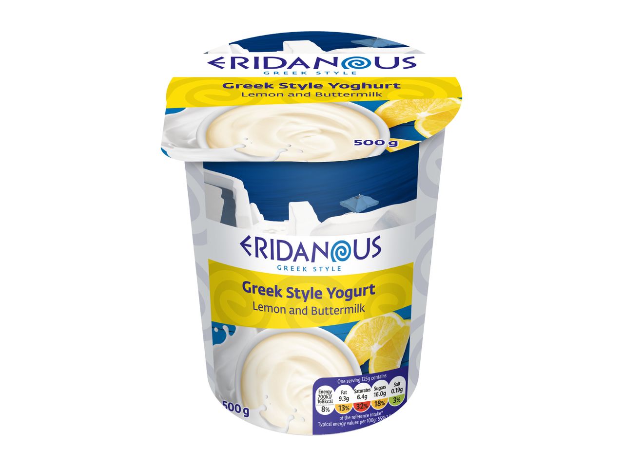 Greek Style Yogurt with Lemon and Buttermilk, 500g tub, with nutritional information.
