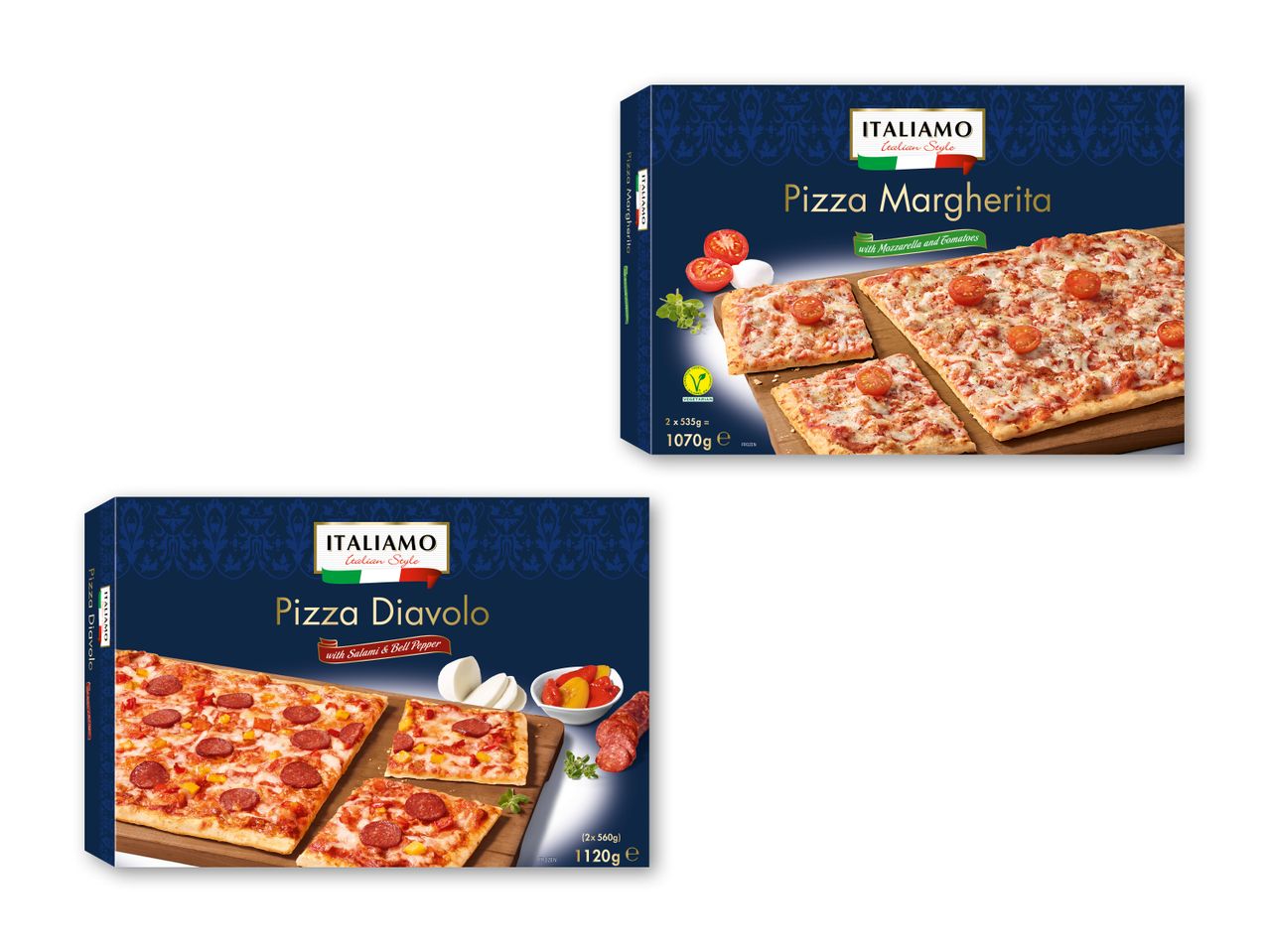 To pakker frosne pizzaer: Pizza Margherita med mozzarella og tomater, og Pizza Diavolo med salami og peberfrugt.