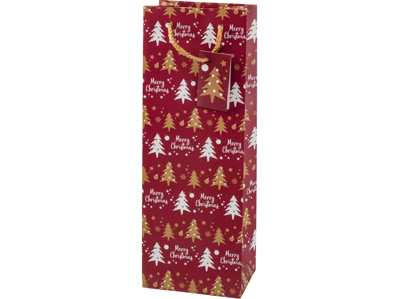 Sarkans Crelando® dāvanu maisiņš ar Ziemassvētku eglīšu rakstu un uzrakstu „Merry Christmas“.