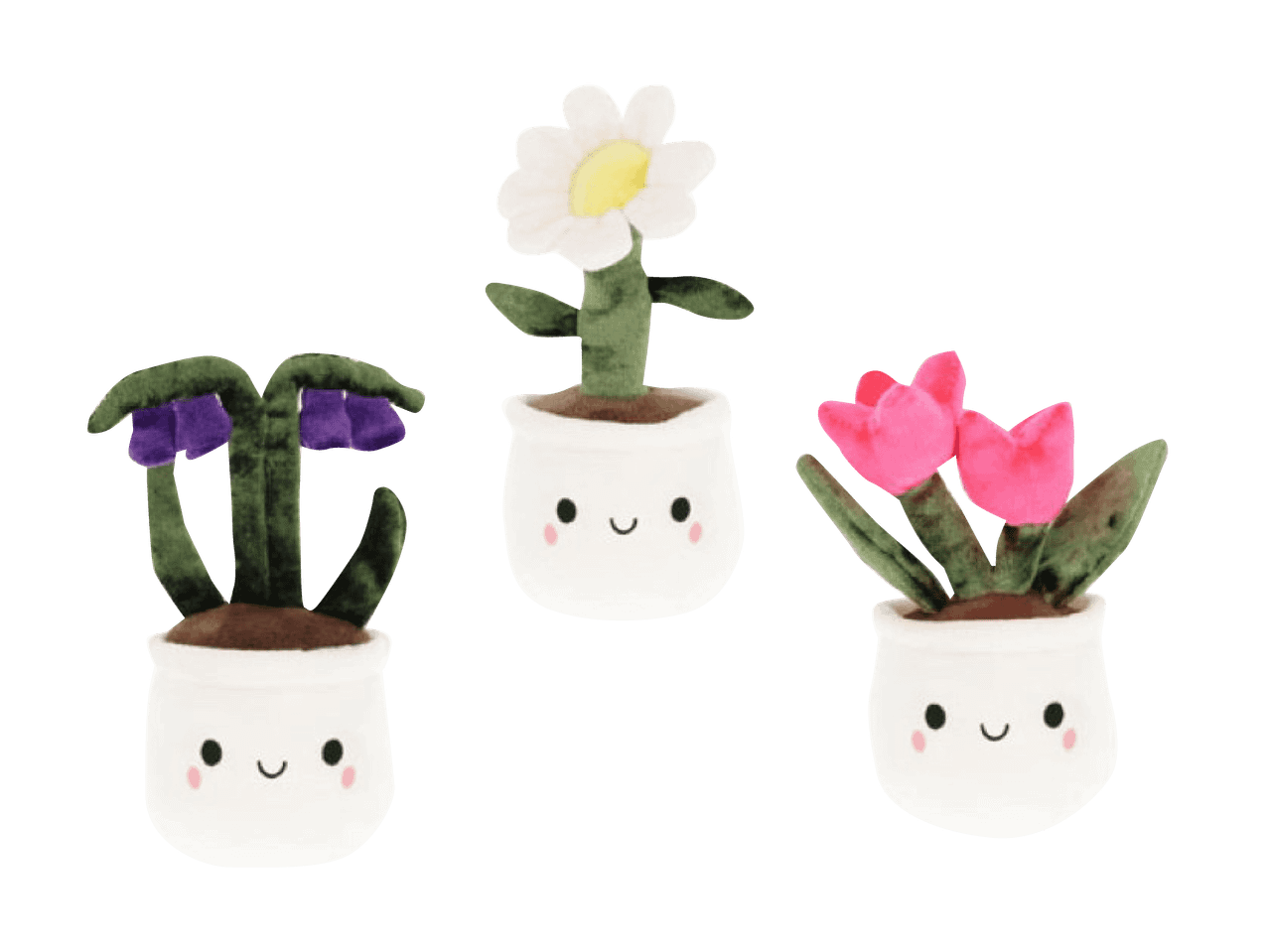 Trois pots de fleurs en peluche mignons avec des visages, contenant des fleurs violettes, blanches et roses.