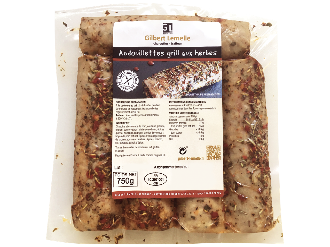 Andouillettes grillées aux herbes, emballées sous vide, avec informations nutritionnelles et de préparation.