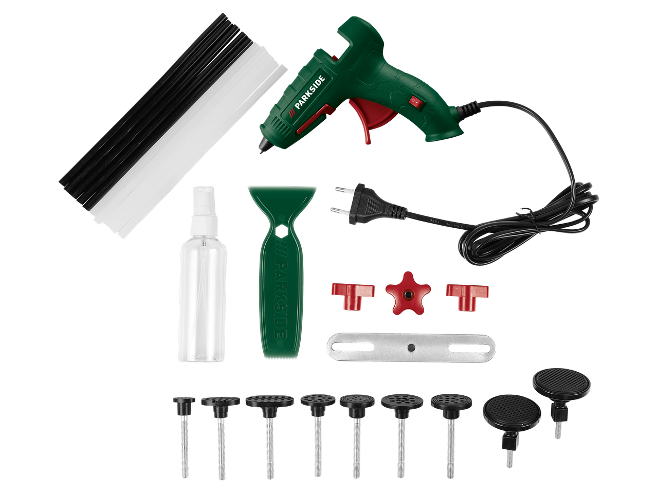 Parkside® Dent Repair Kit with a hot glue gun, glue sticks, spray bottle, scraper, and various dent pullers.