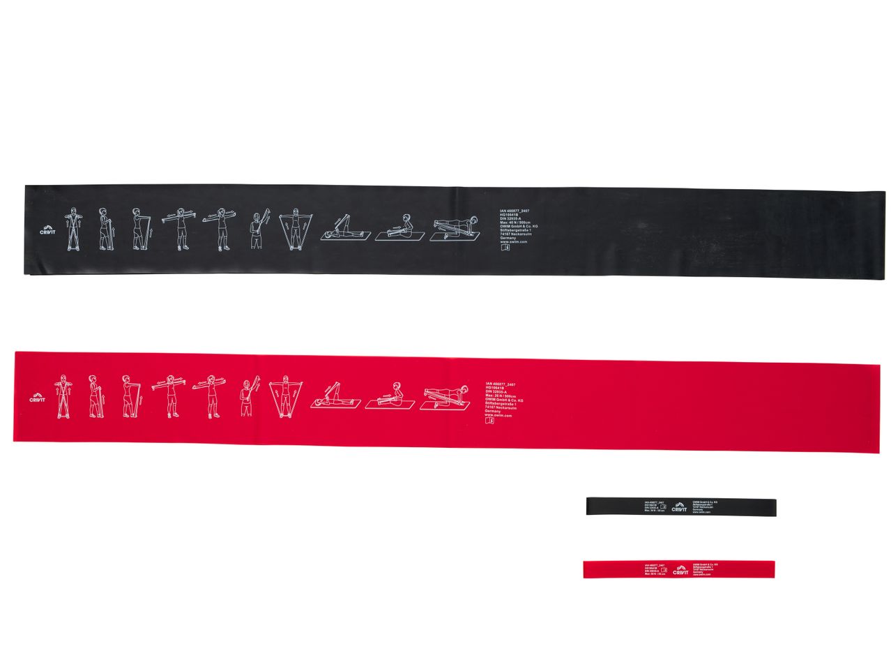 Crivit resistance bands in black and red, shown with exercise instructions and product details.