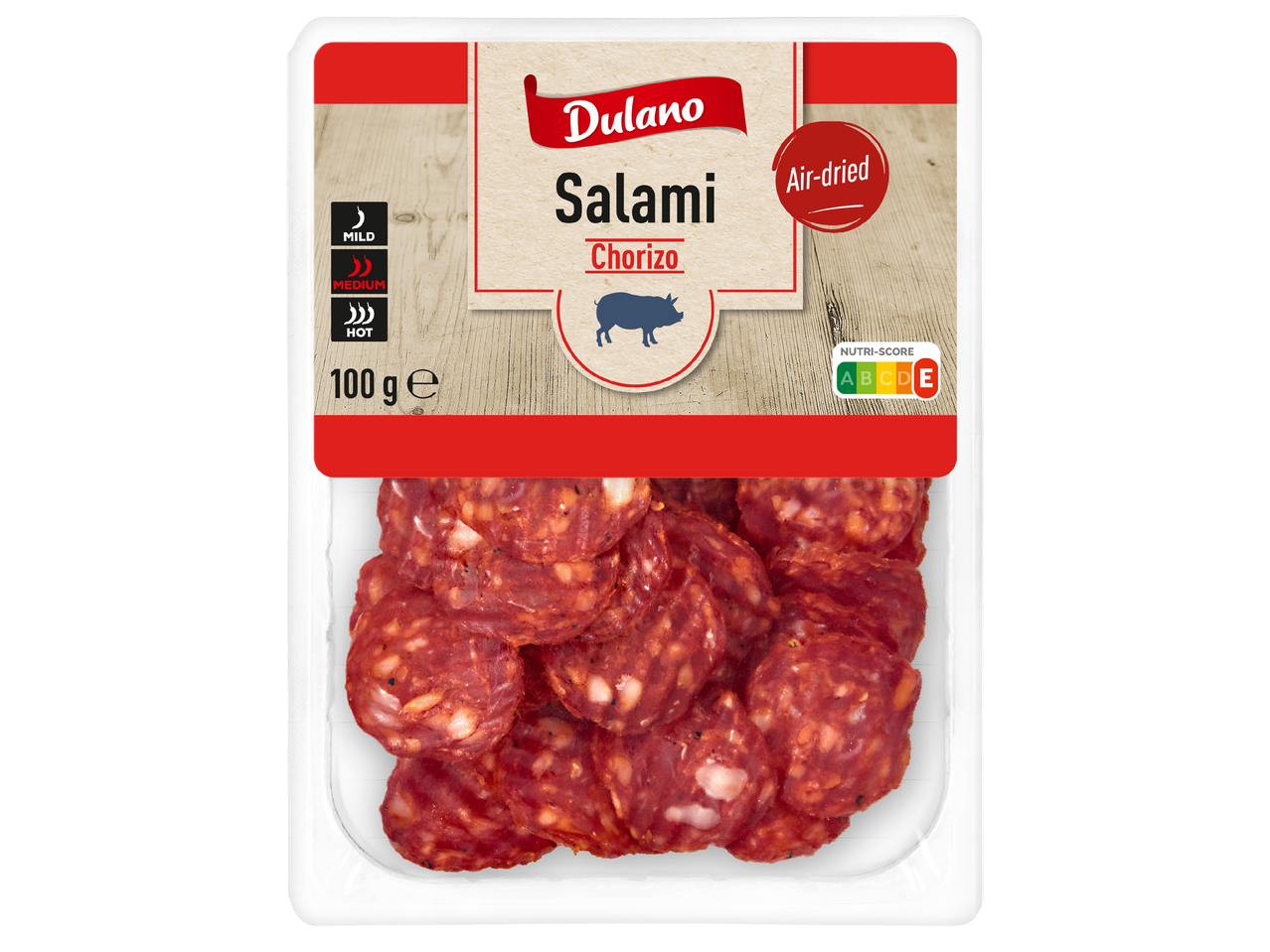 Опаковка салам чоризо, 100 гр, със степен на лютивост и Nutri-Score.