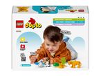 Back of a toy box showing a child playing with animal figures and building blocks, highlighting developmental benefits.