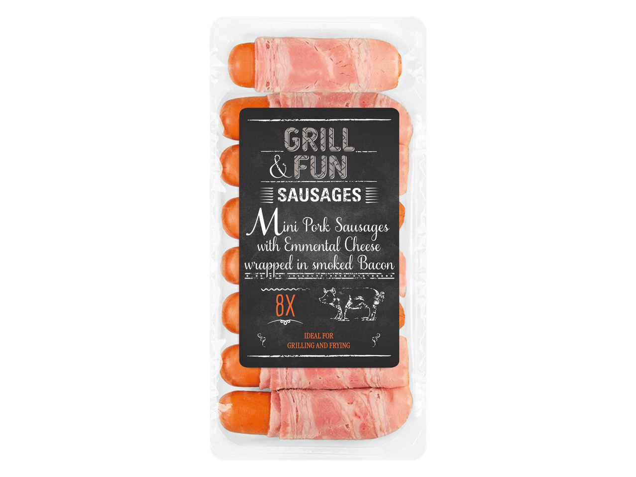 8 mini cūkgaļas desiņas ar Emmentālera sieru, ietītas kūpinātā bekonā.
