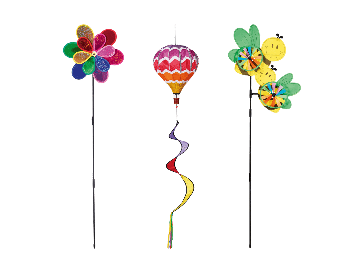 Dekorative Windräder in Form einer Blume, eines Heißluftballons und lächelnder Bienen.