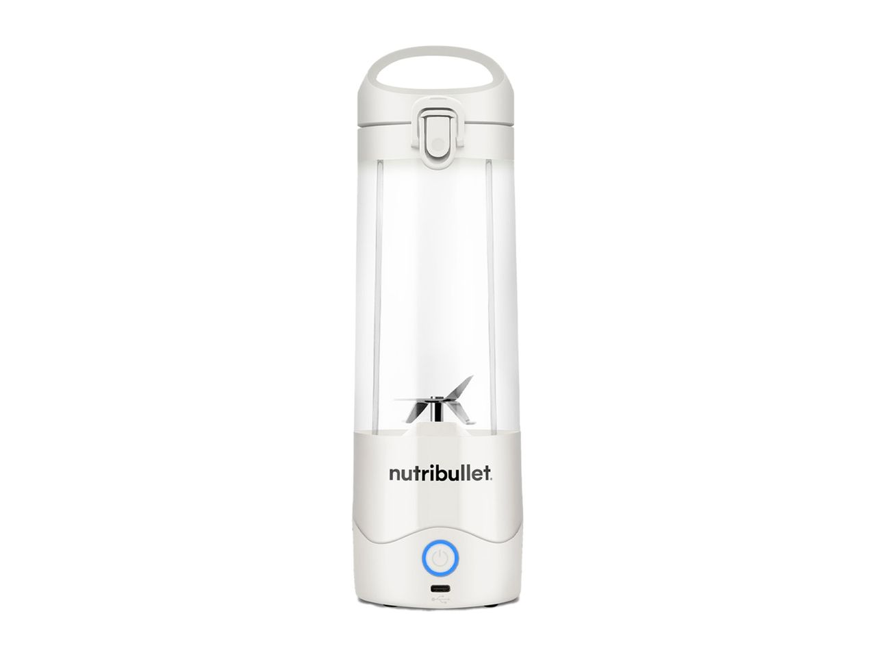 A white, portable UV water purifier bottle.