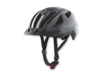Grauer Fahrradhelm mit reflektierenden Streifen und verstellbarem Kinnriemen.