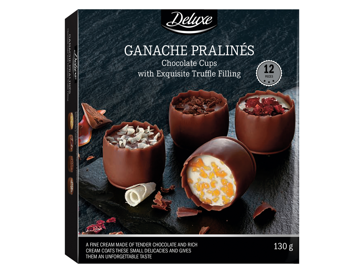 Deluxe Ganache Praline, cupe de ciocolată cu umplutură rafinată de trufe, 12 bucăți, 130 g.