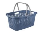 Blue plastic shopping basket with grey handles