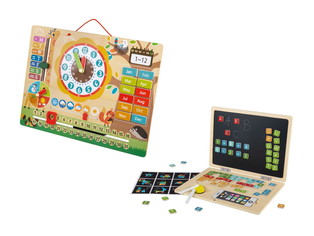 Zwei hölzerne Lernspielzeuge für Kinder: eine Lernwandtafel und ein magnetischer Laptop.