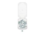 A clear plastic box filled with metal nuts, with one nut outside the box.