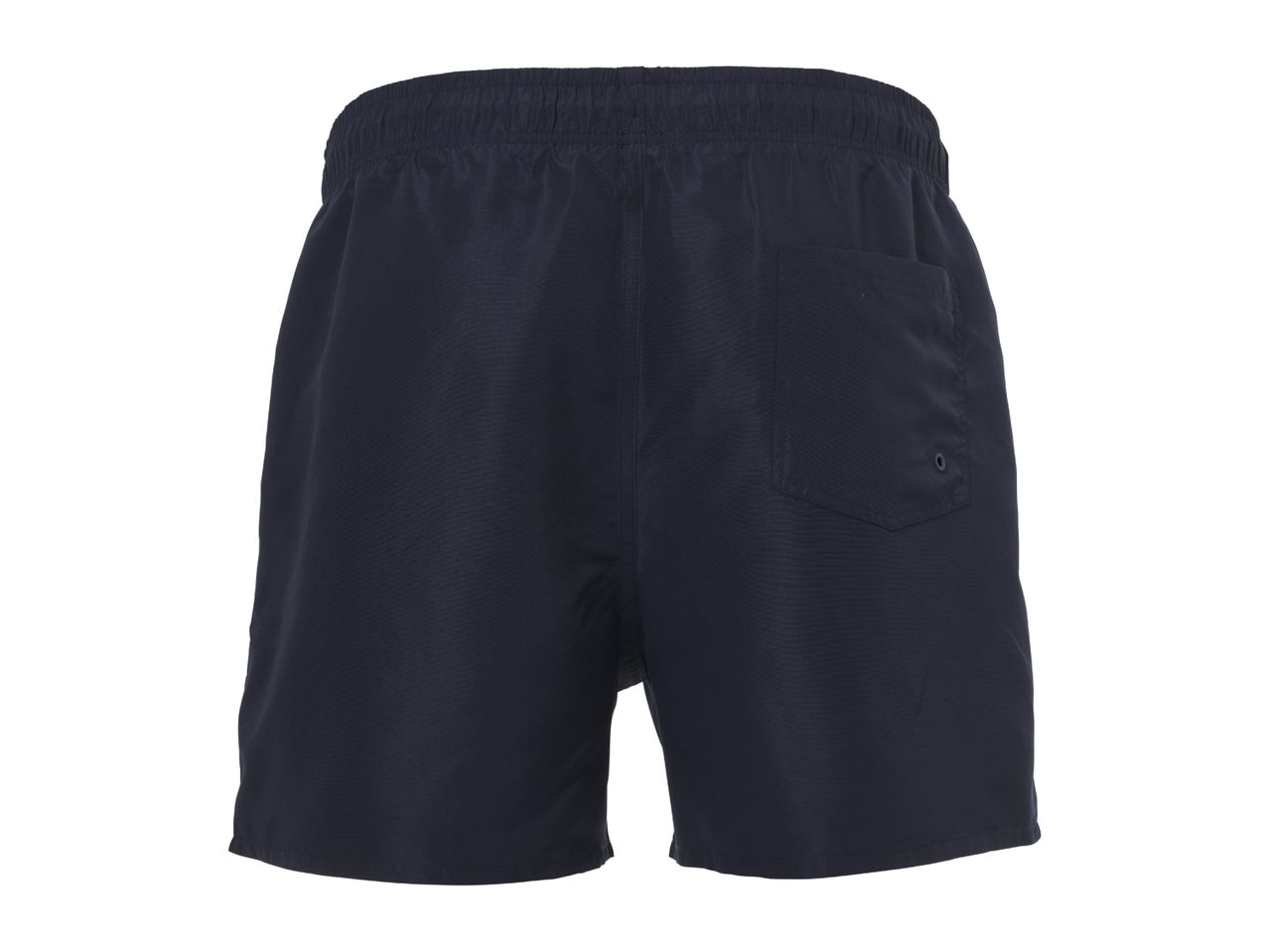 Dark blue men's swim shorts with an elastic waistband and a back pocket.