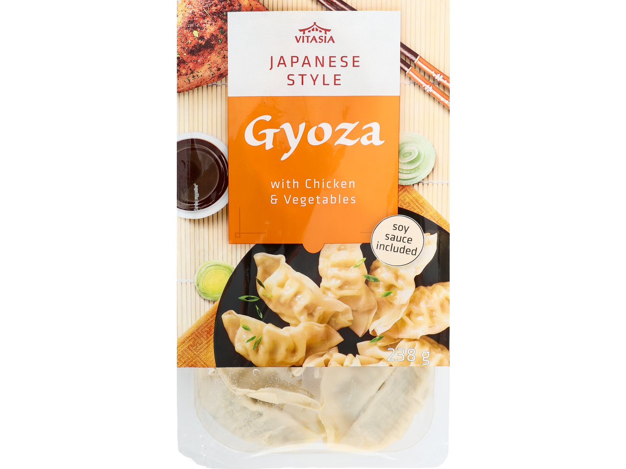 Vitasia Japanese Style Gyoza with Chicken & Vegetables, 238g, with soy sauce included.