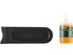 Parkside® organic chain oil and a black protective cover for a chainsaw.