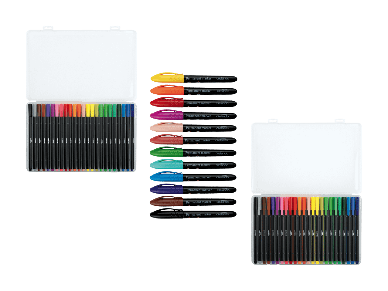 Ensemble de marqueurs permanents colorés dans des étuis transparents.