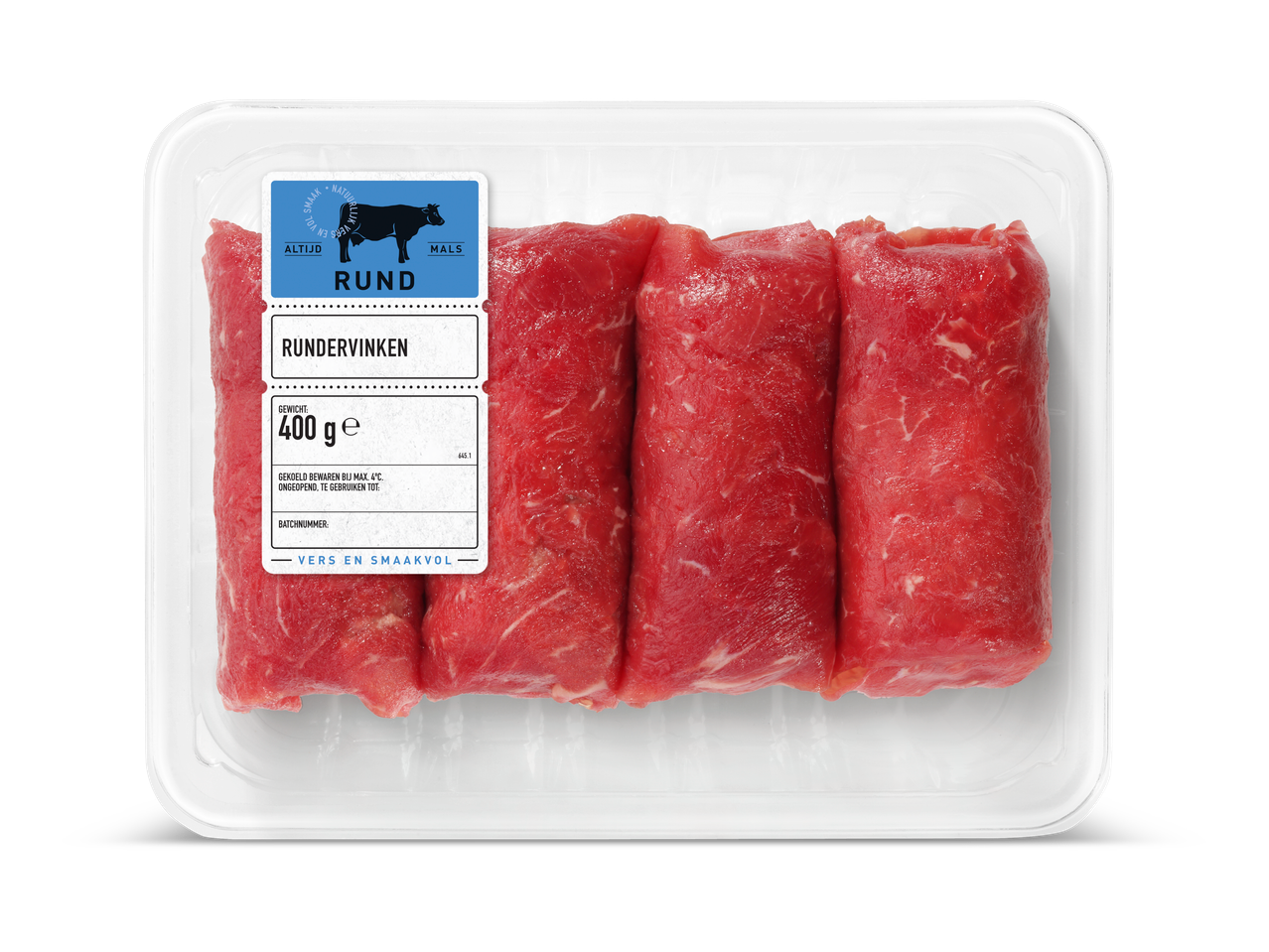 Vier rundvleesrolletjes in een plastic schaal.