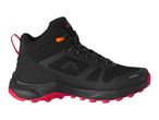 Black and red men's mid-cut hiking shoe with orange lace detail.