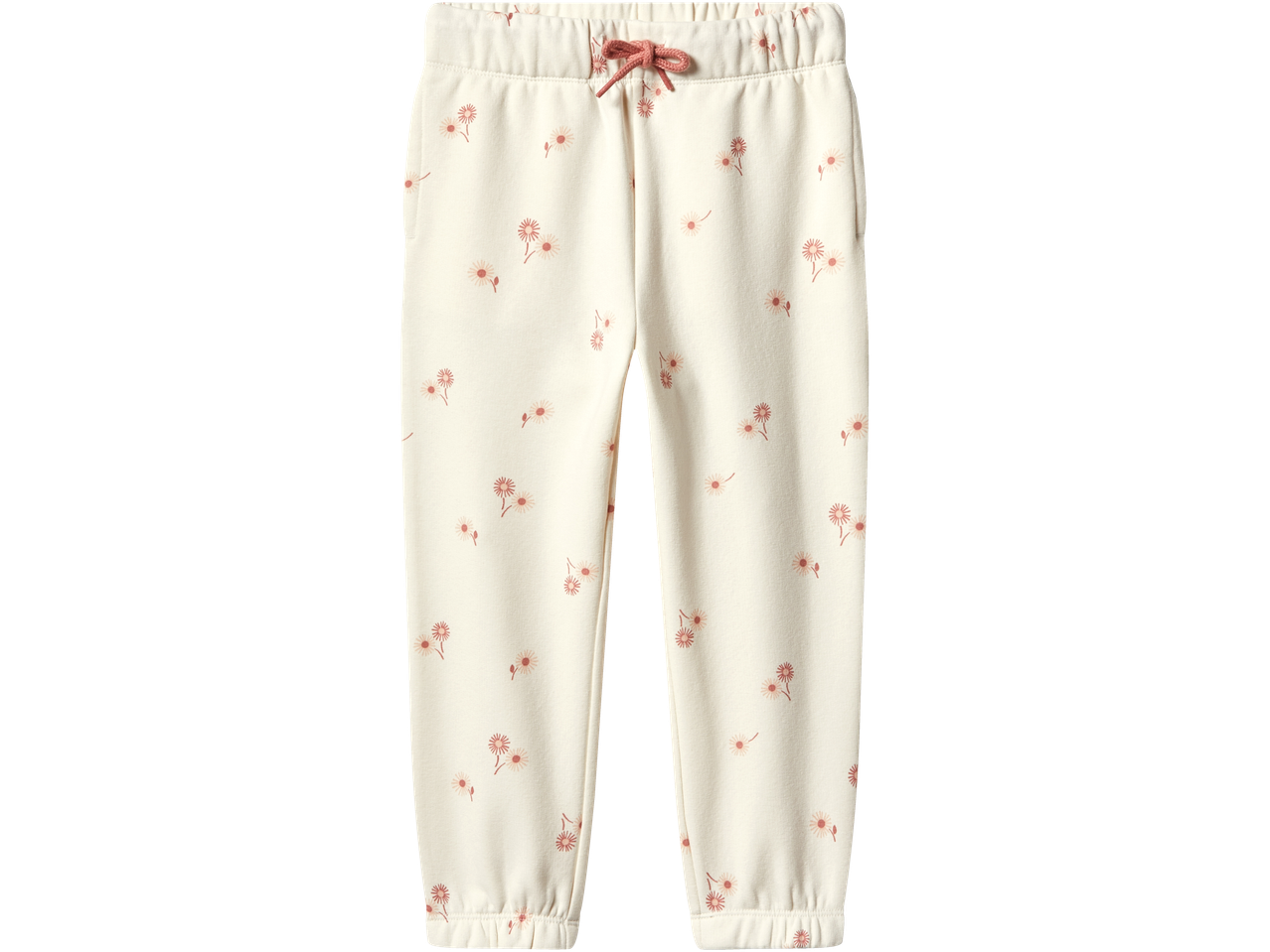 Calças de moletom creme com estampa floral e cordão rosa.