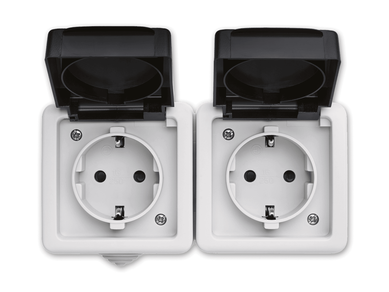 Zwei weiße Steckdosen mit schwarzen Klappdeckeln