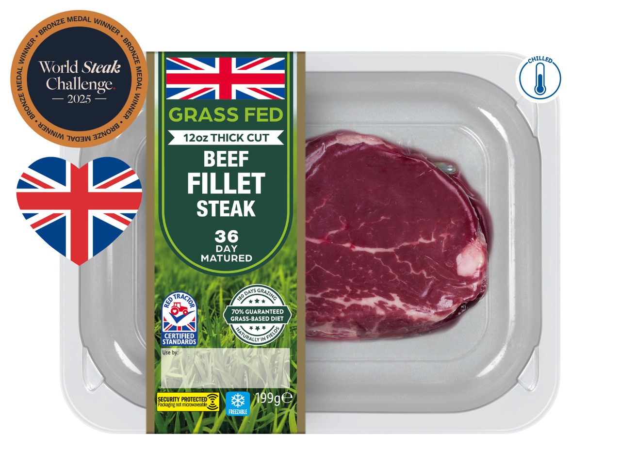 Packaged grass-fed beef fillet steak with a 'World Steak Challenge 2025 Bronze Medal Winner' label.