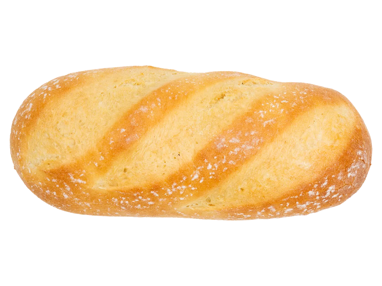 Egy hosszúkás, világosbarna kenyér, tetején liszttel meghintve.