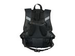 Back view of a black backpack with mesh padding and reflective strips.