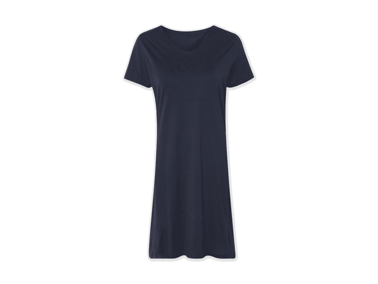 Ein dunkelblaues T-Shirt-Kleid mit V-Ausschnitt.