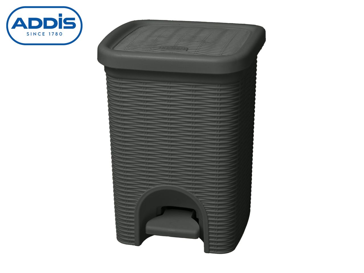 Dark grey rattan-style pedal bin with a textured lid.