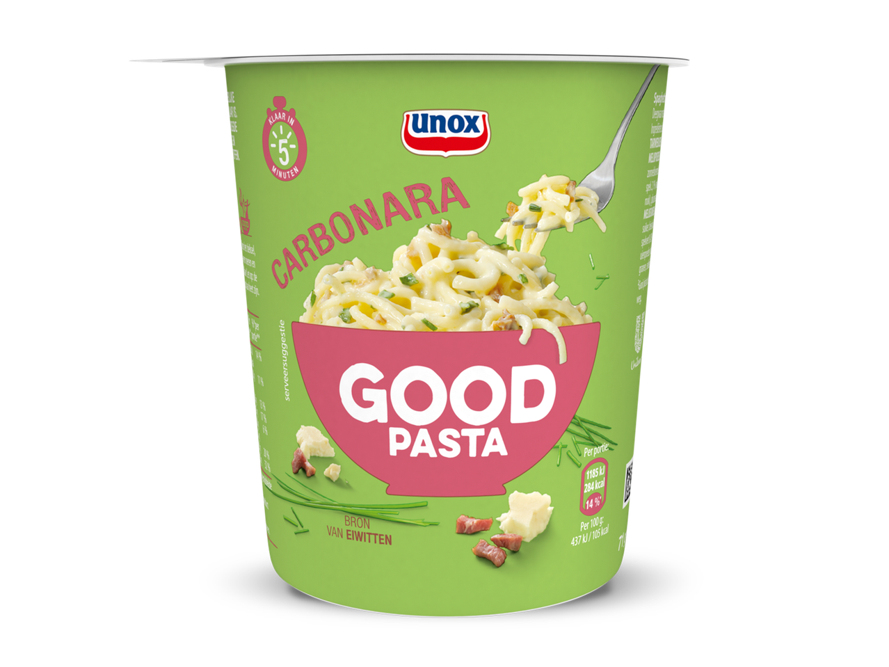 Een groene cup met carbonara pasta, klaar in 5 minuten, met de tekst 'Good Pasta' en voedingswaarden.