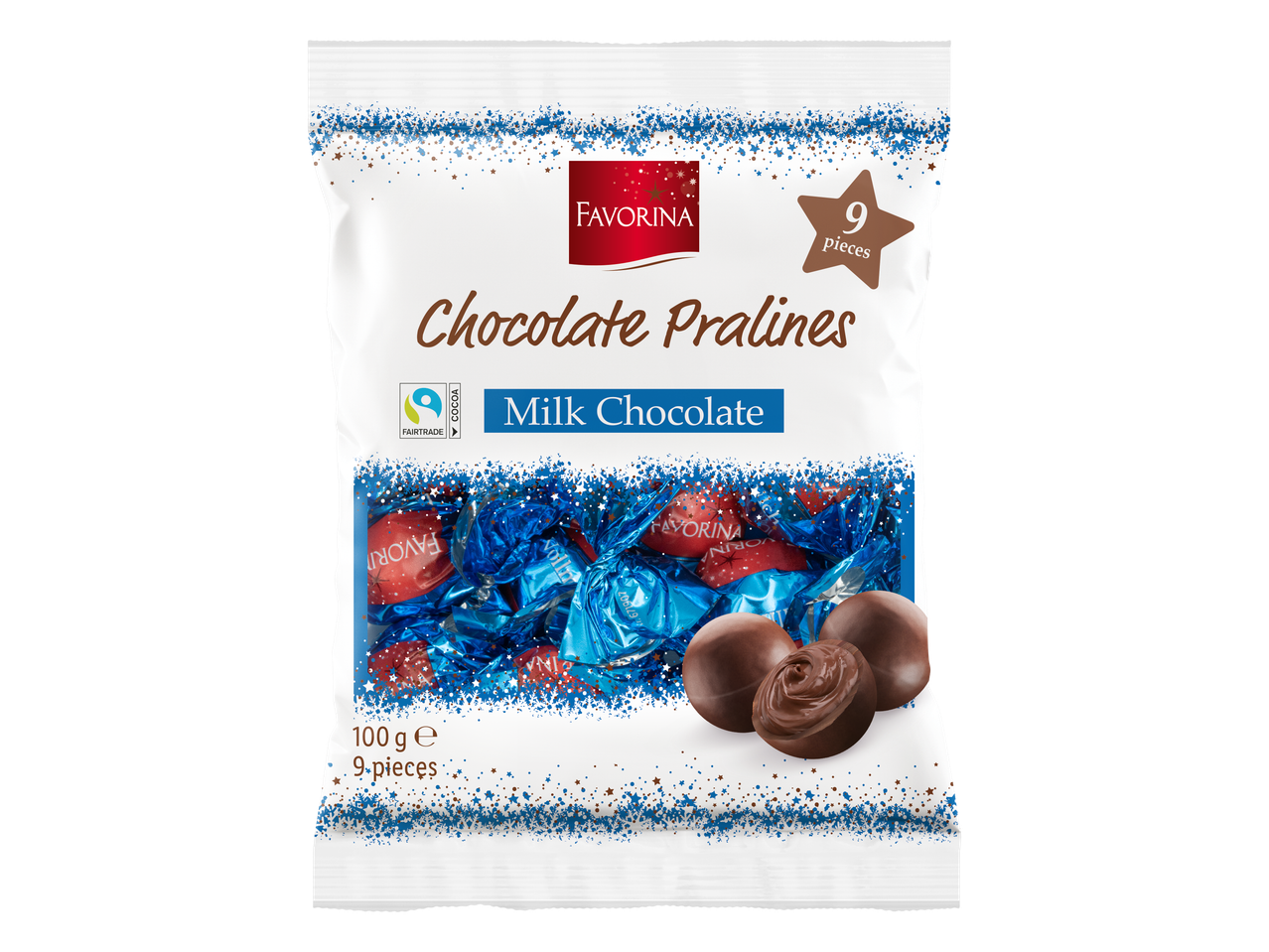 Favorina piena šokolādes pralinē, 100g iepakojums ar 9 gabaliem.