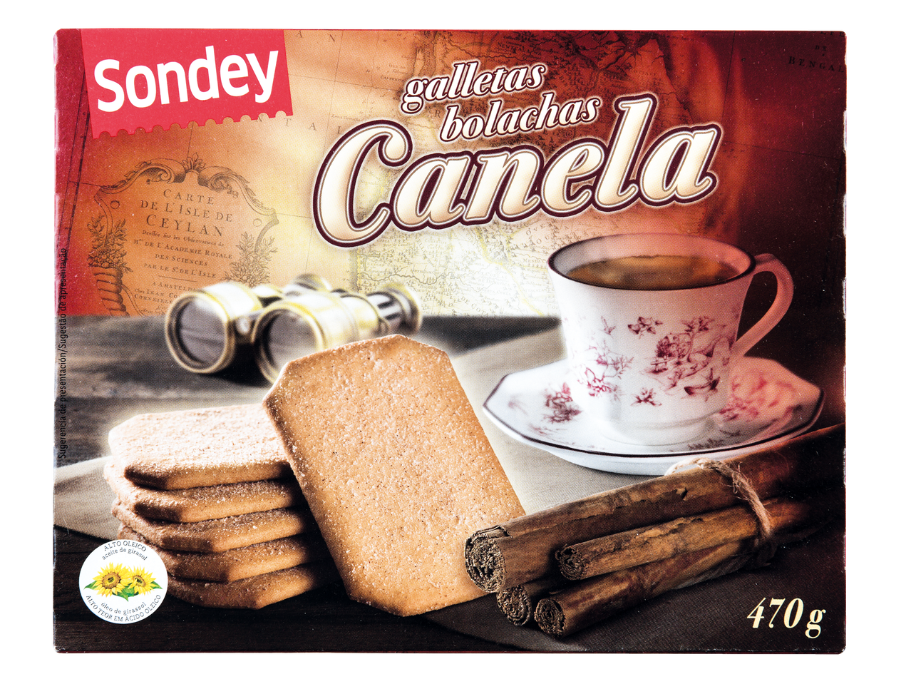 Caixa de bolachas Sondey Canela com bolachas, chávena de chá e paus de canela.