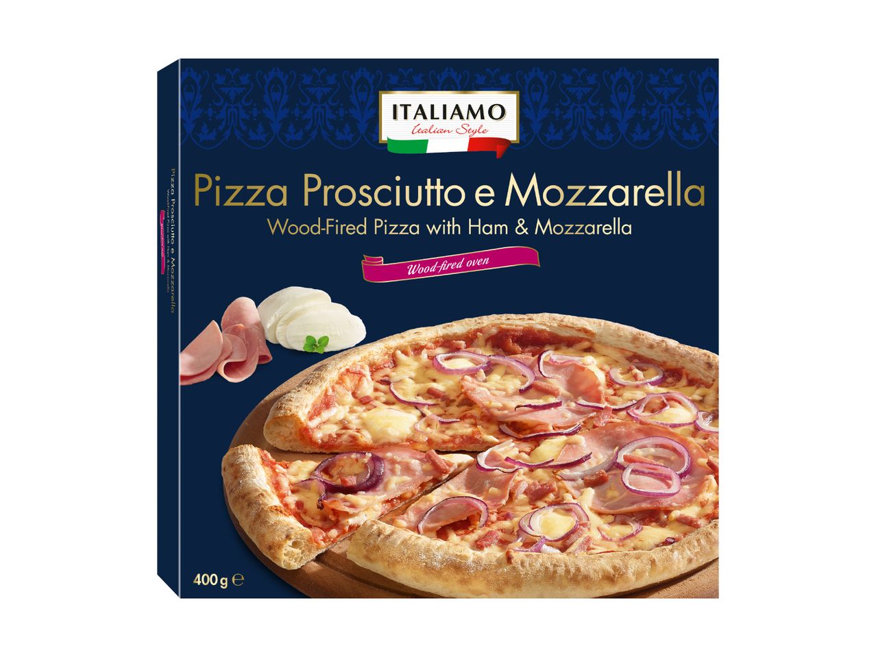 Italiamo Pizza Prosciutto e Mozzarella, a wood-fired pizza with ham and mozzarella.