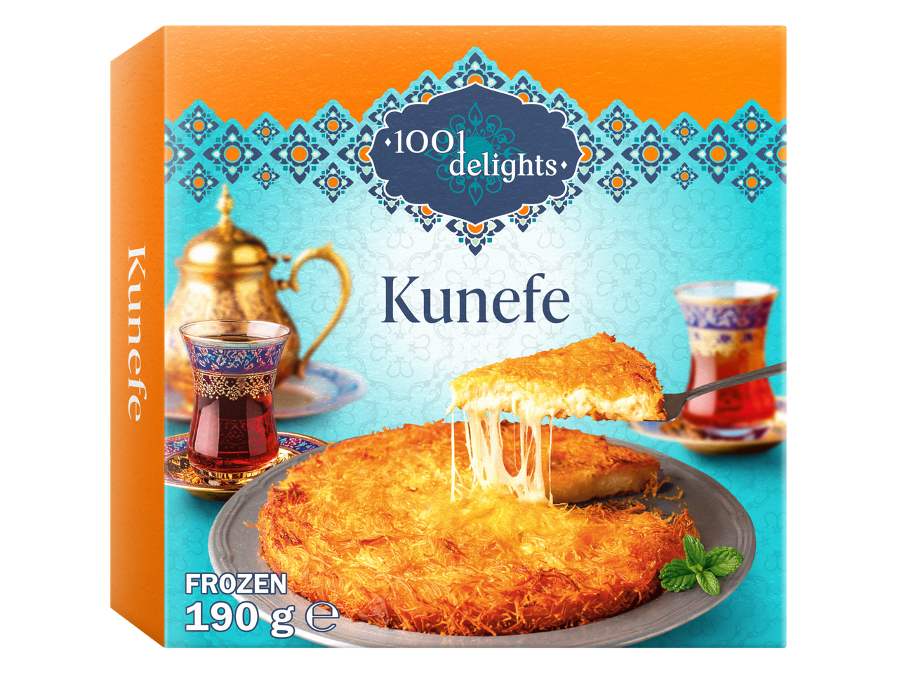 Cutie de kunefe congelat de 190g cu brânză topită, ceainic și ceai.