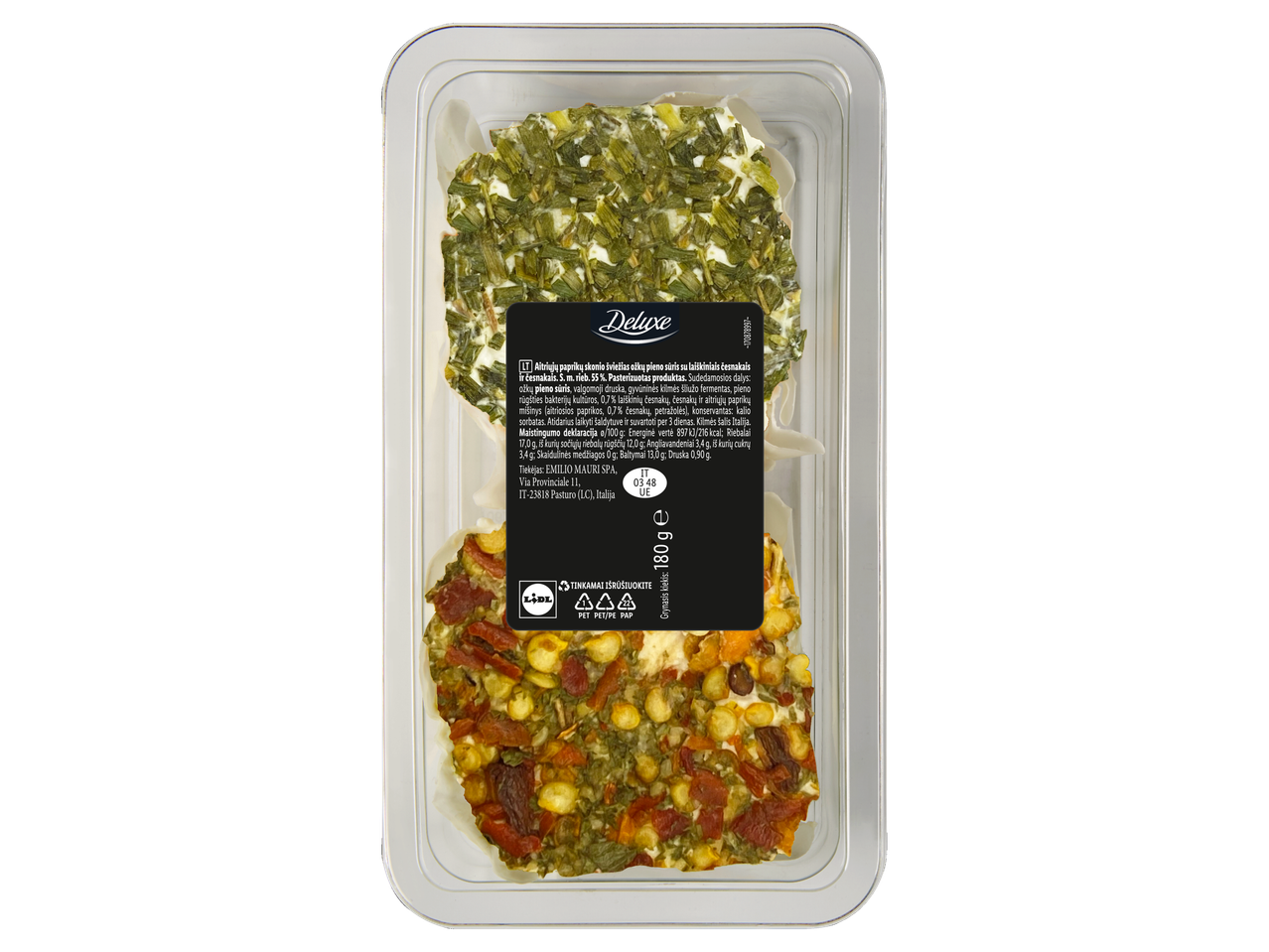 Deluxe ožkų pieno sūris su laiškiniais česnakais ir aitriosiomis paprikomis, 180 g