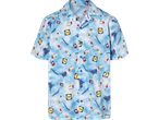Light blue Hawaiian shirt with a pattern of groceries, shopping carts, and the word 'GROCERIES'.