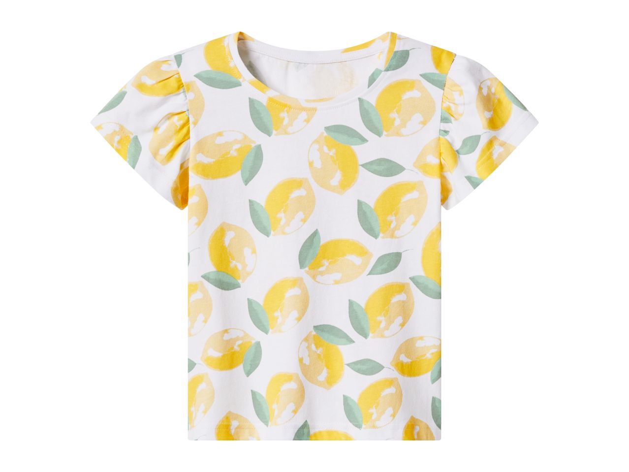 White short-sleeved t-shirt with a yellow lemon and green leaf pattern.