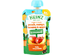 Heinz bright 'n' fruity peach, mango, banana & apple baby food pouch.