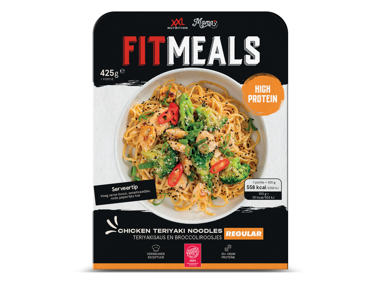 Verpakking van kip teriyaki noedels met broccoli, hoog in proteïne, 425g.