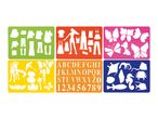 Six colorful stencils featuring clothing, animals, and alphabet/numbers.