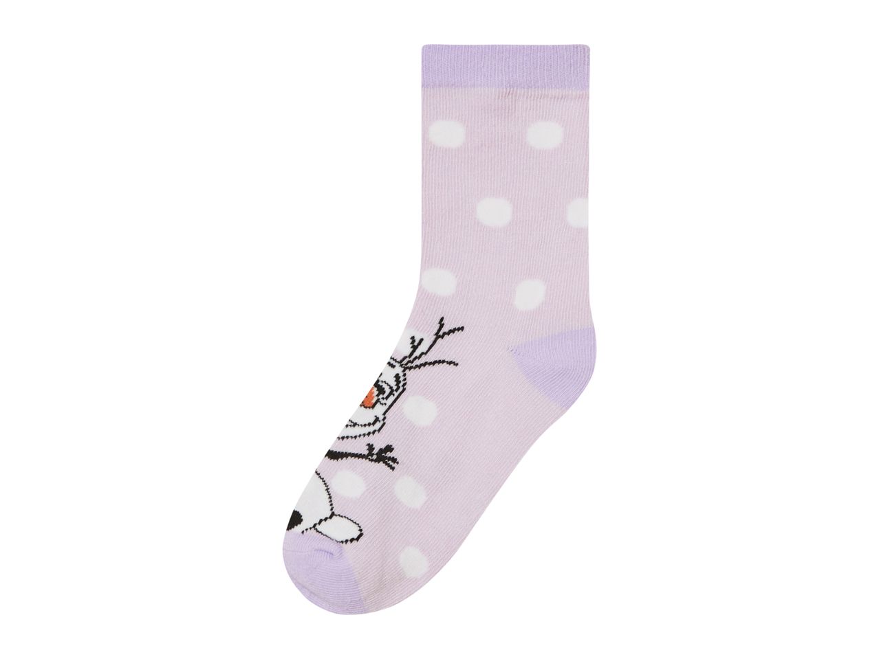 Purple Frozen Olaf socks with white polka dots.